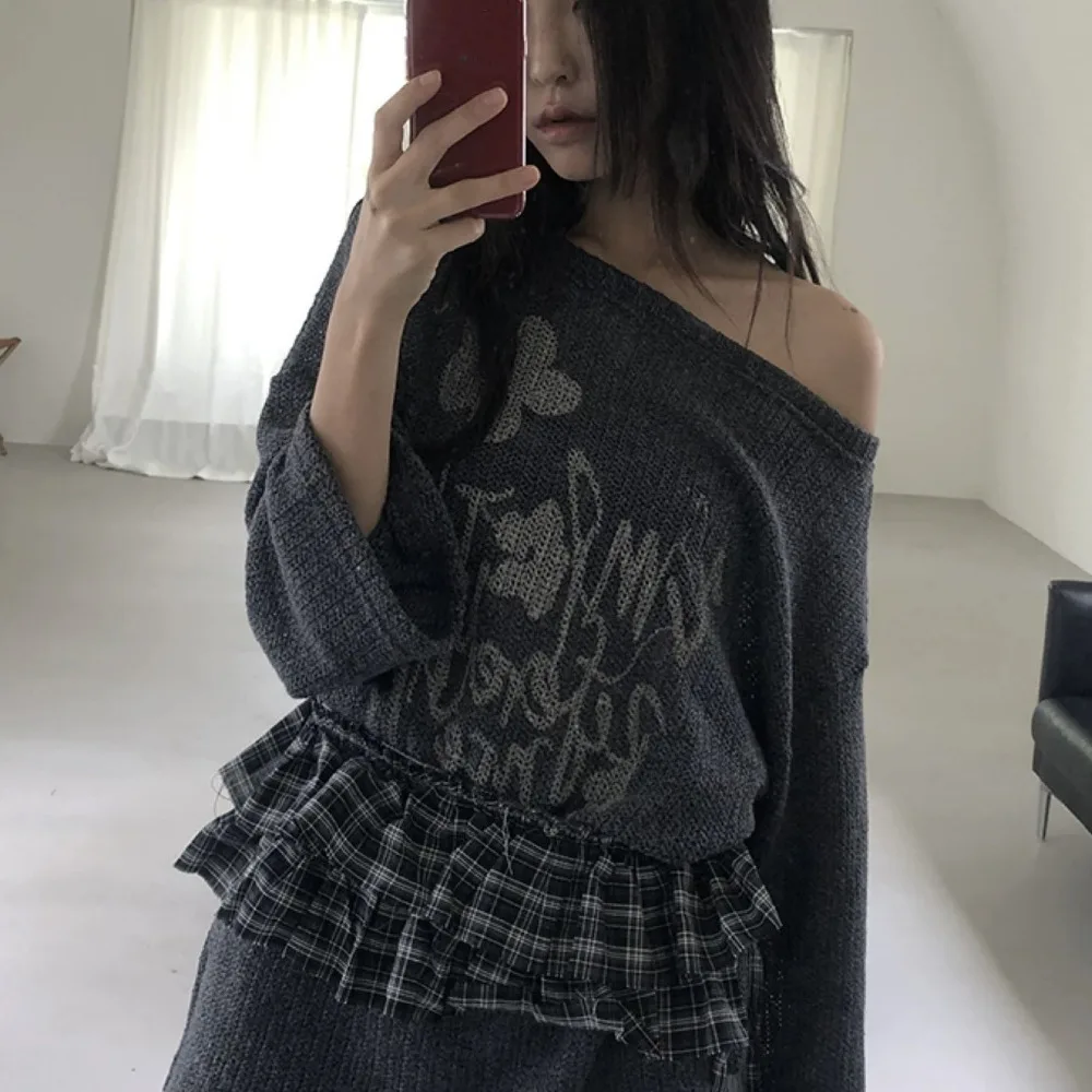 ชุดฮิปฮอปสไตล์ Y2K เสื้อเชิ้ตกระโปรงลายสก็อต ผ้าพันคอผูกเอวแบบเกาหลี สายคาดเอวแต่งระบายหวานๆ