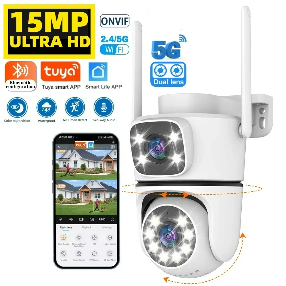 Kamera IP 12MP 15MP Tuya UHD z podwójnym obiektywem, 5G Wifi, PTZ, zewnętrzna, wodoodporna, 6K, do monitoringu domu, z kolorowym trybem nocnym.