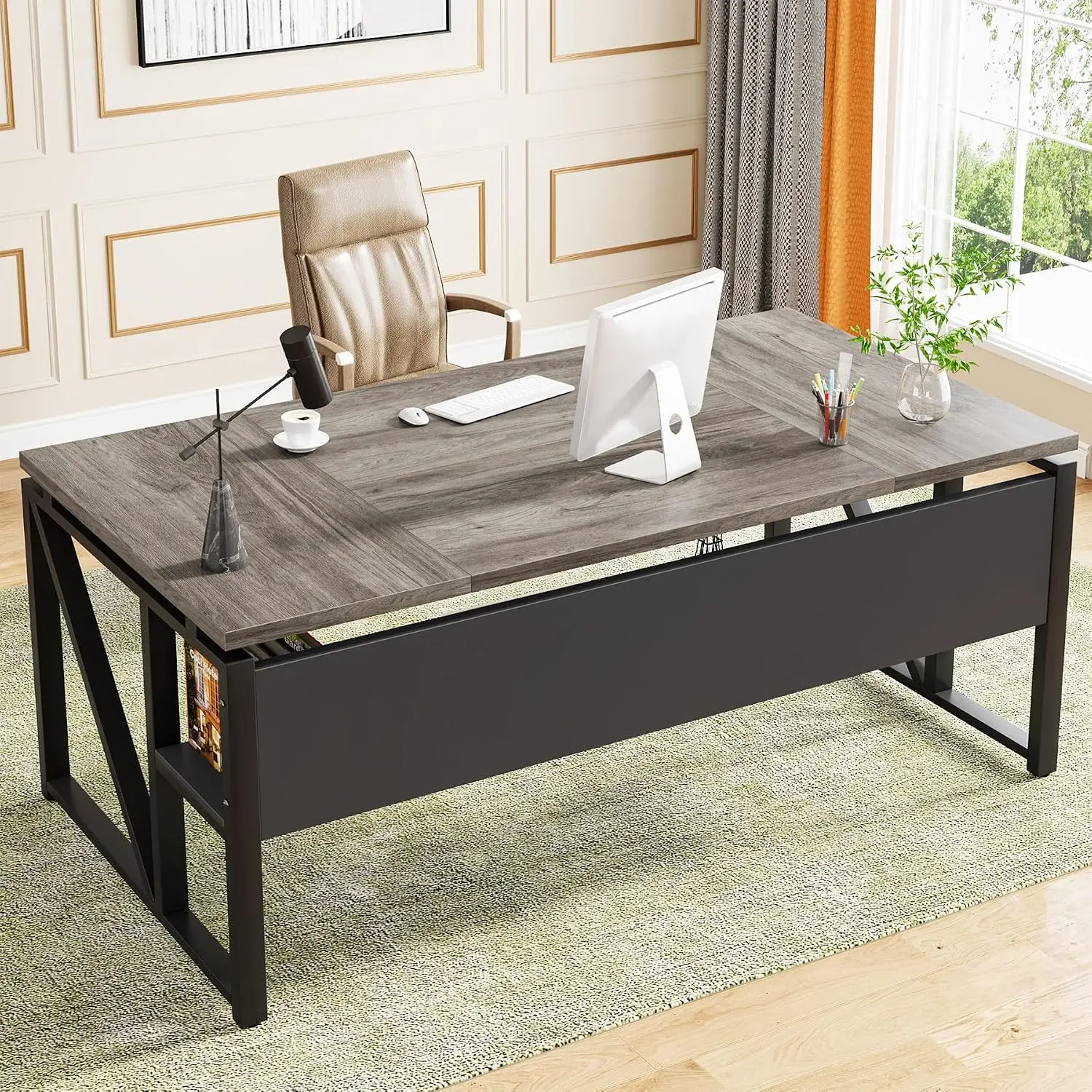 63 inches Computer Desk with Bottom Storage Shelf Home Office Desk Writing Table for Workstation,Dark Walnut +, Customized