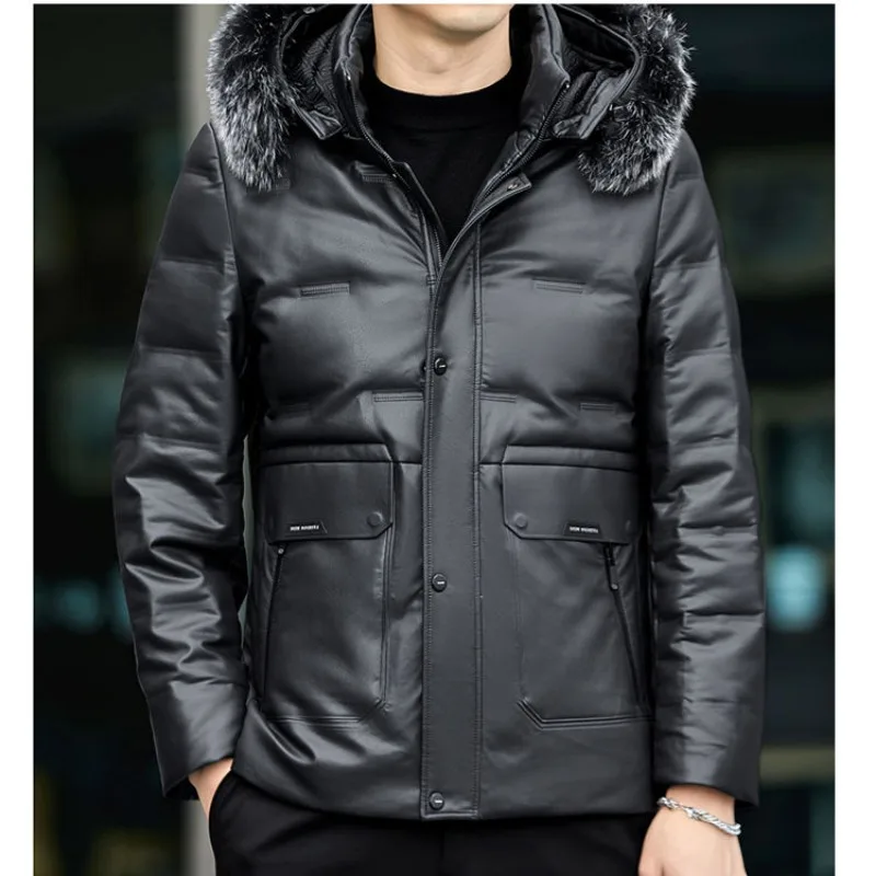 2023 New Artificial Leather Coat Men High-End Fake Fox Fur Collar Solid Color Pure Leather Coat Hooded Casual down Jacket