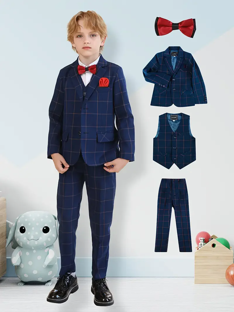 Children Plaid 5Pieces/Set Jacket Vest Pants Bowtie Pocket towel Wedding Dress Boys Performance Costume Kids Photography Suit