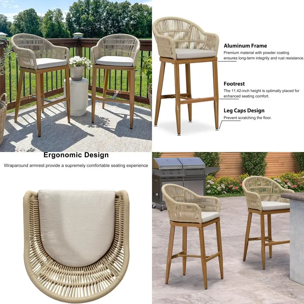 

Набор барных стульев для улицы из 2-х металлических плетеных стульев из ротанга для патио с плетеными алюминиевыми спинками