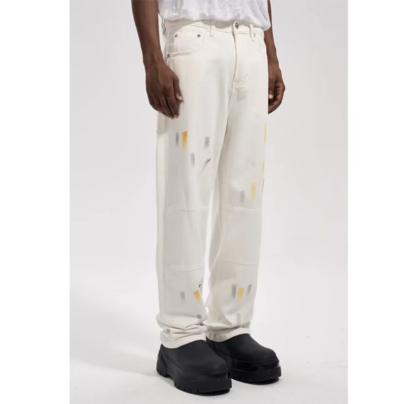 High Street White Speckle Ink Graffiti Jeans Y2k Pants for Men Trousers Sweatpants Streetwear Techwear Traf Clothing Clothes