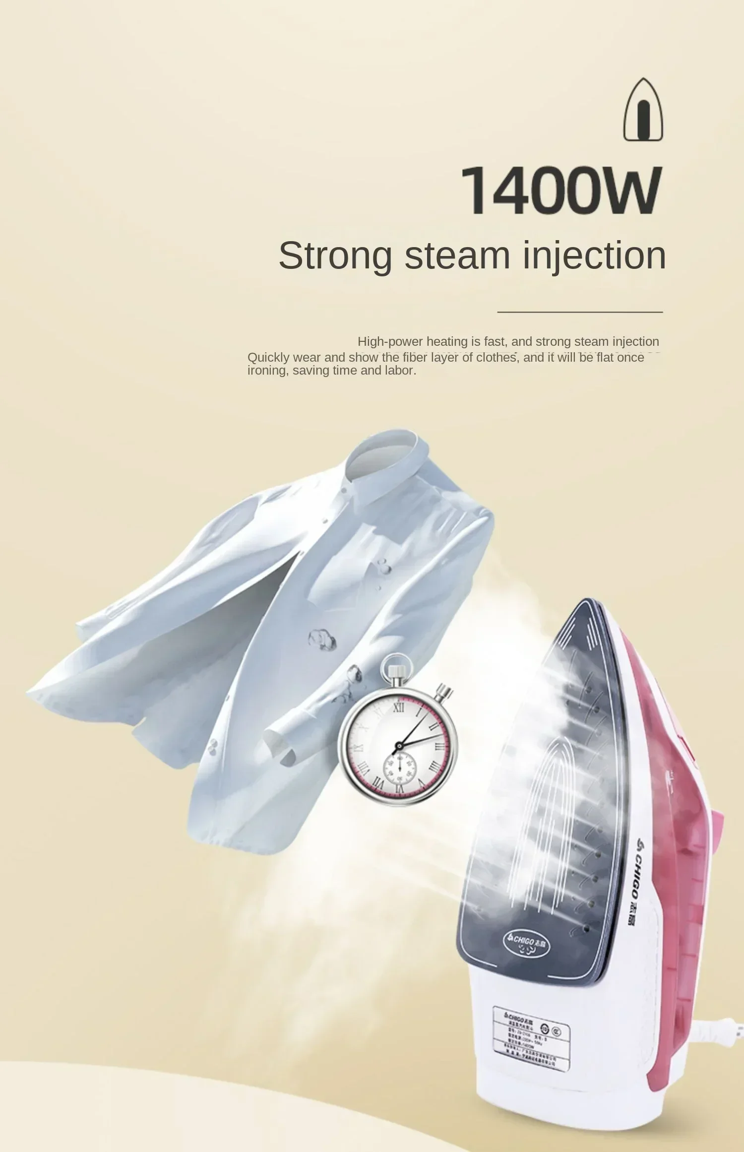 220V Chigo 1400W Steam Iron Titanium Soleplate Electric Steamer BCD