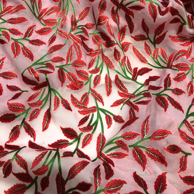 

1 meter 100% Mulberry Silk 14 momme Burn-out Georgette Silk Red Floral Printed 140cm 55" wide by the yard CY102