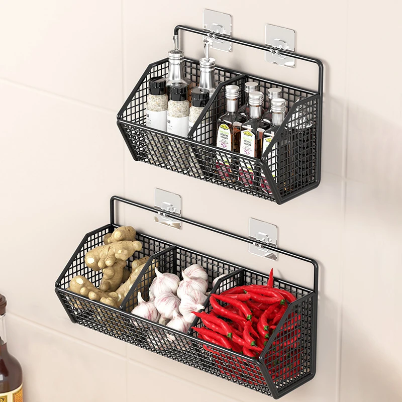 Wall Mounted Storage Rack Onion Ginger Garlic Condiments Spice Kitchen Shelf Punch-Free Vegetable Fruit Drain Basket Kitchen