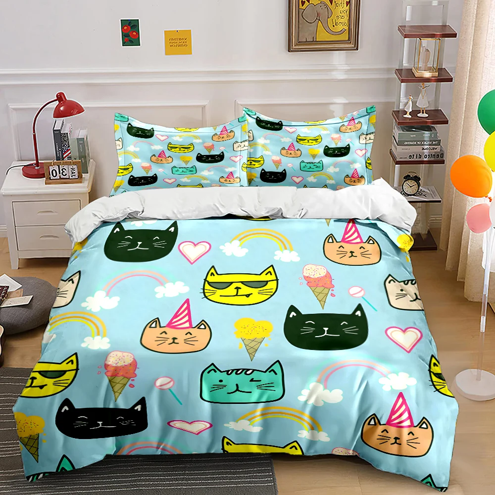 Cartoon cats rainbow dessert background Bedding Set 1 Duvet Cover 2 Pillowcases for Adult and Children Luxury Gift Full Size