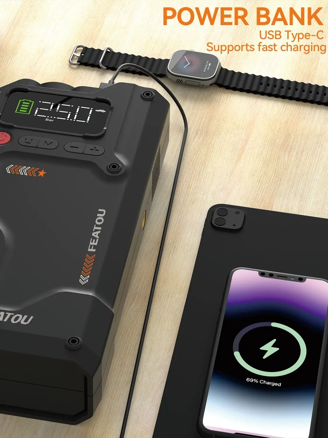 Tragbarer Auto-Starthilfe, Starthilfe mit Luftkompressor, 6000 A Peak BatteryJumper StarterPortable, Starthilfe für Autobatterie,