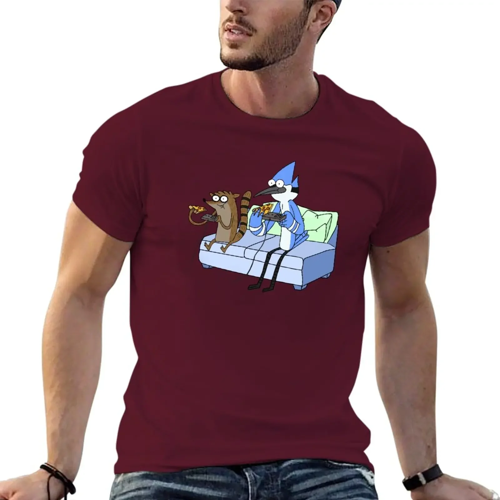 Man Blouse t shirts for men graphic New Mordecai and Rigby Pizza and Video Games T-Shirt graphic harajuku men clothing oversized