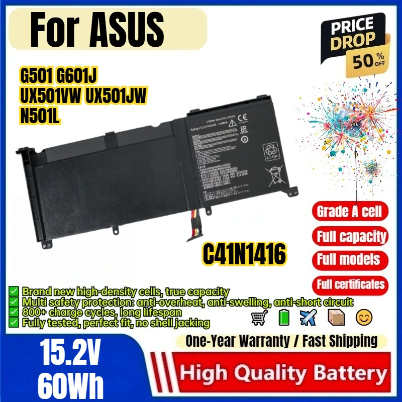 C41N1416 for ASUS G501 G601J UX501VW UX501JW N501L Laptop Battery 0 Cycle High Capacity Battery Replacement Bateria Grade A Cell
