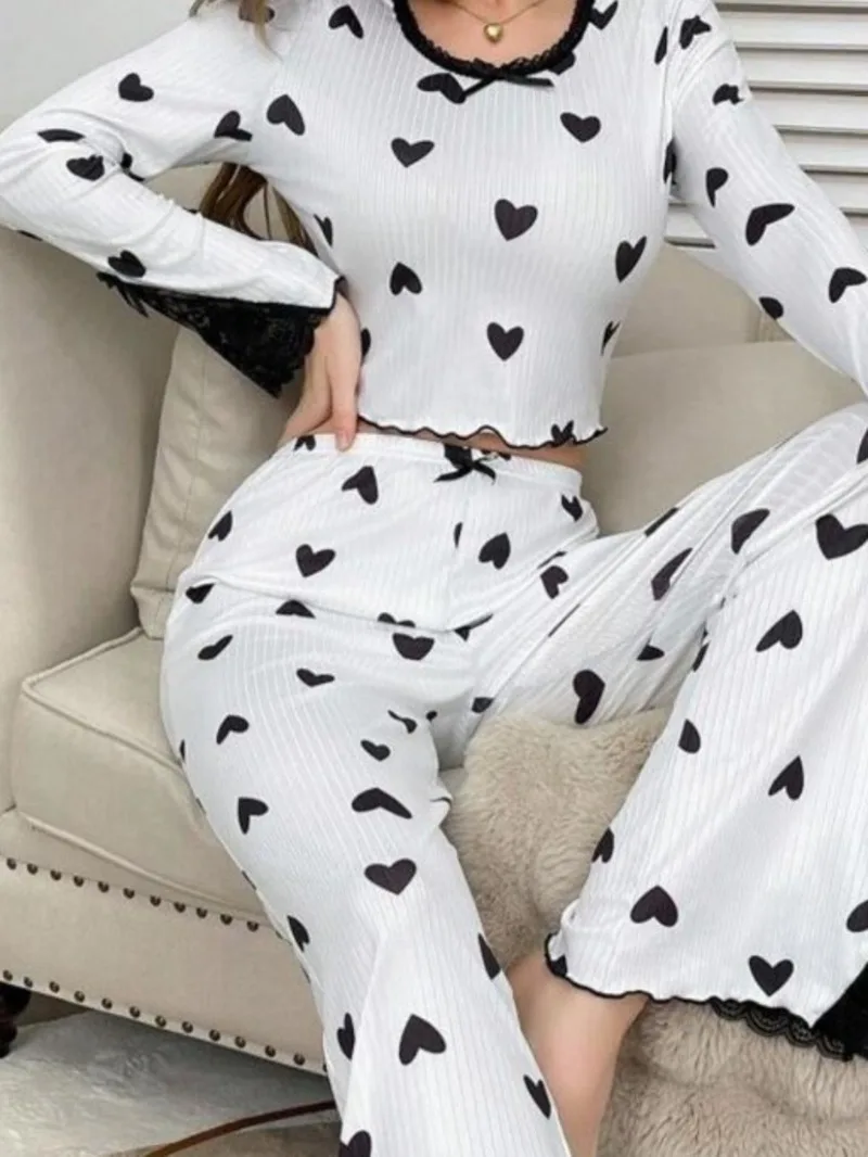 Hot Selling Homewear Lace Heart Round Neck Lace Long Sleeve Pajamas For Women Wearable Outside Long Pants Two-Piece Sets YUEI