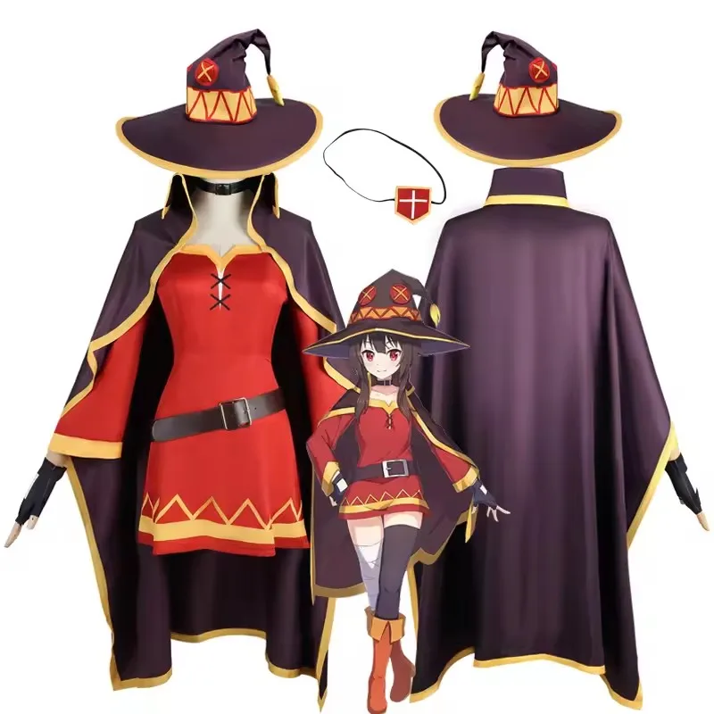 Anime KonoSuba Megumin Cosplay-Kostüm, klassisches Hexenkostüm, Uniform, Umhang, Hut, Augenbinde, Strumpf für Halloween-Party, Damen