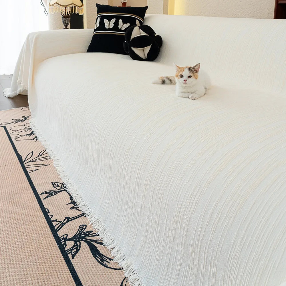 

1pcSofaT Owel Chenille Striped Sofa Cover with Tassel Trim/Camping Blanket Sofa Cushion Cover All Season Universal All Inclusive