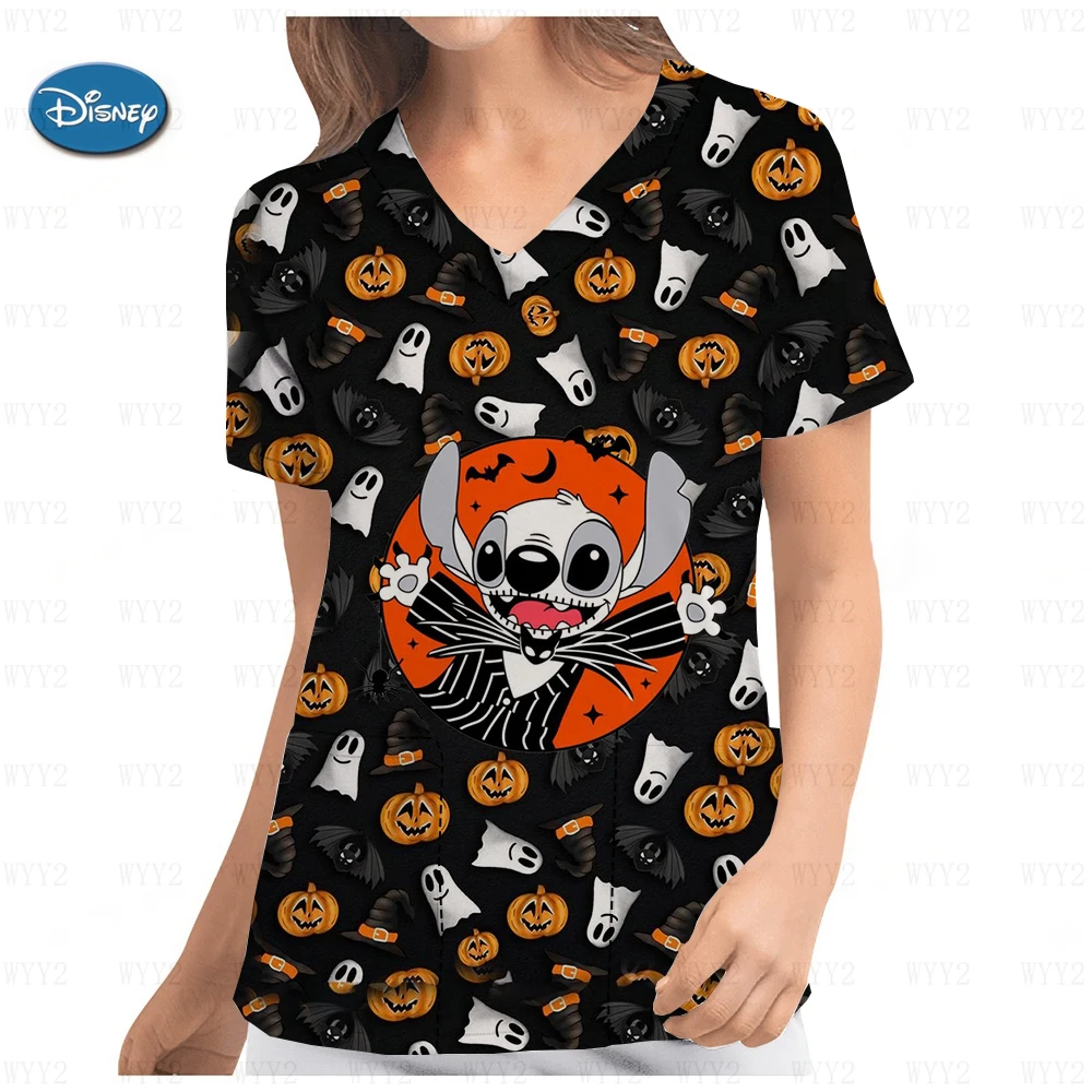 Collezione di Halloween Disney Mickey Mouse Stitch Top Pocket donna Summer Hospital t-shirt Disney Nurse Uniform Top Women 2023