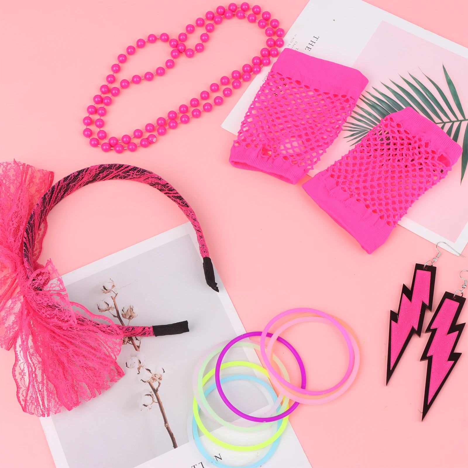 Conjunto de disfraz de fiesta Retro para mujer, falda de tutú para adulto, guantes de rejilla de neón, collar de cuentas, pulsera, pendientes, accesorios de vestir de lujo de los años 80