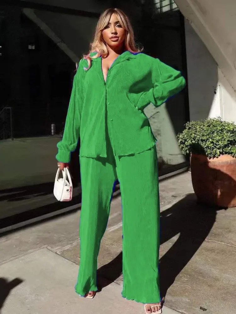 

New Fashion Pleated Women's Set Long Sleeve Oversized Shirt And Wide Leg Pants Elegant Tracksuit Two 2 Piece Set Outfits