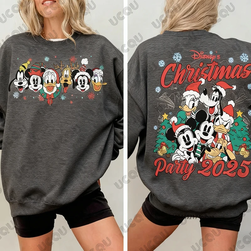 2025 عيد الميلاد ديزني الأسرة ميكي ماوس طباعة القطن المرأة هوديس الخريف الشتاء عادية كم طويل البلوز الأزواج القمم