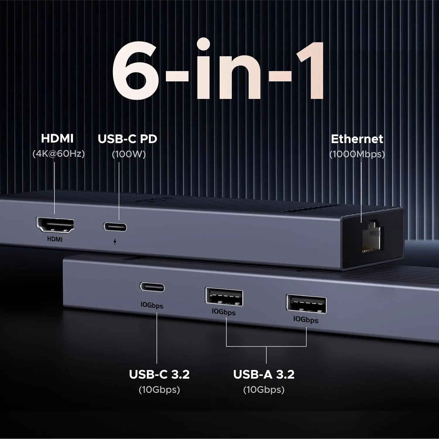 UGREEN Revodok Pro 6 in 1 USB C Hub Gigabit Ethernet Adapter with 4K 60Hz HDMI, 100W PD Charging, 10Gbps USB A&C 3.2 Data Ports