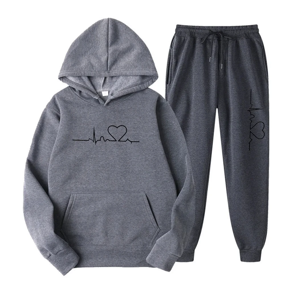 2026 Plus Size Unisex Fleece 2‑Piece Tracksuit Set, Autumn Winter Casual Heart Graphic Printed Hoodie & Sweatpants Outfit for Me