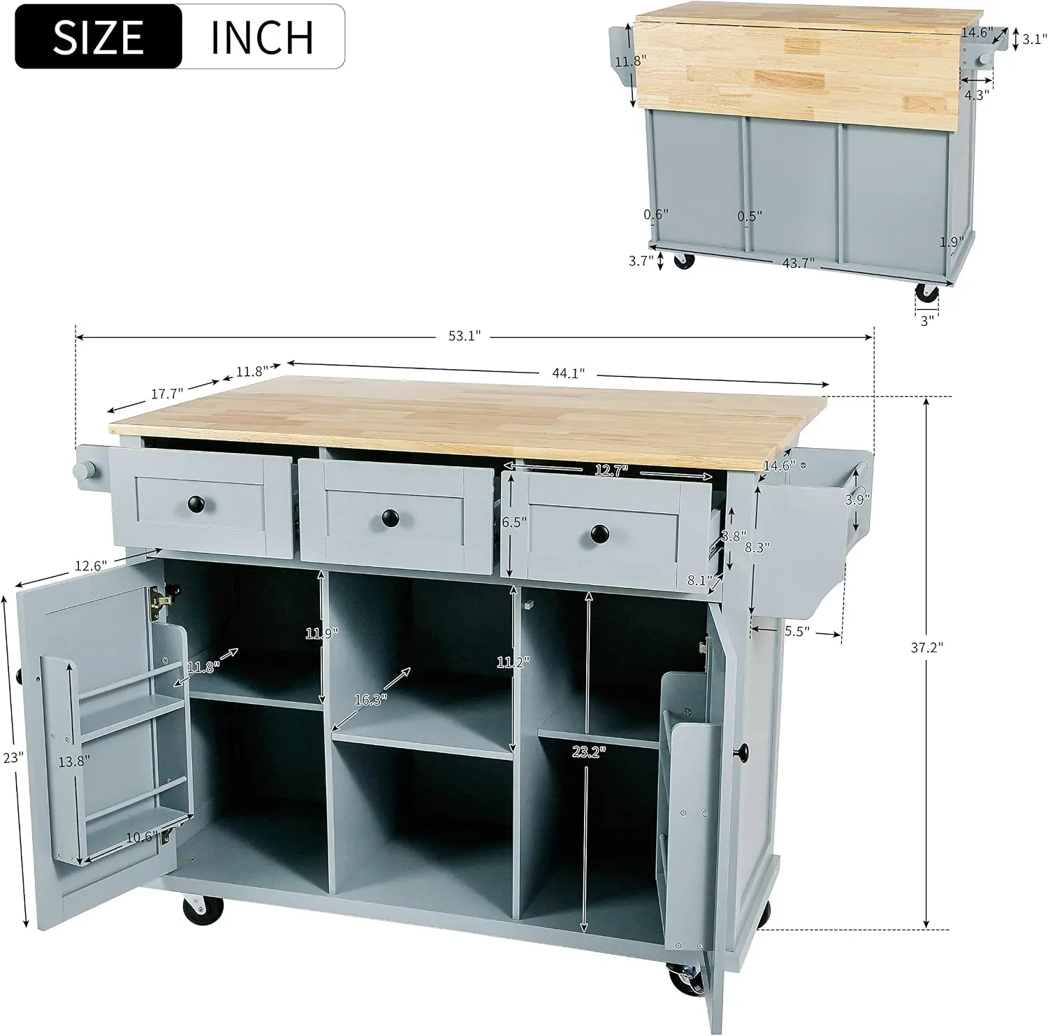 Rolling Kitchen Island with Drop Leaf and Storage, Grey Blue | Kitchen Cart with Cabinet and 3 Drawers, for Dinning Room, for Li