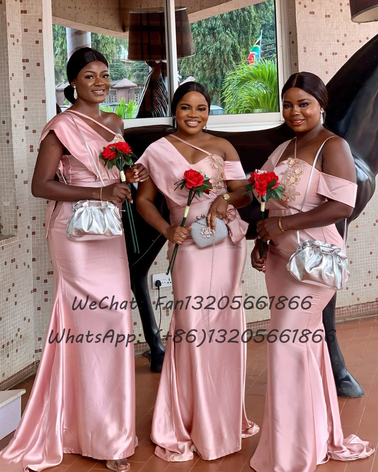 2024 Charming Pink Mermaid Bridesmaid Dresses Applique Lace One Shoulder Long Wedding Party Dress African Women Maid Of Honor