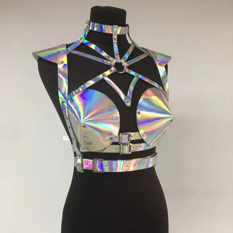 

Gothic Style Women Rave Outfit Adjustable Corset Gold Silver Leather Armor Nightclub Singer Stage Performance Halloween Costume