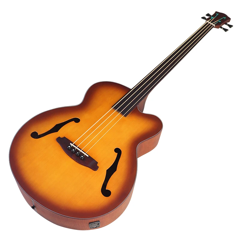 43 Inch Jumbo Bass Acoustic Bass Guitar F Hole Full Flame OAK Fretless 4 String Bass Guitar with EQ Electric Acoustic Gutiar