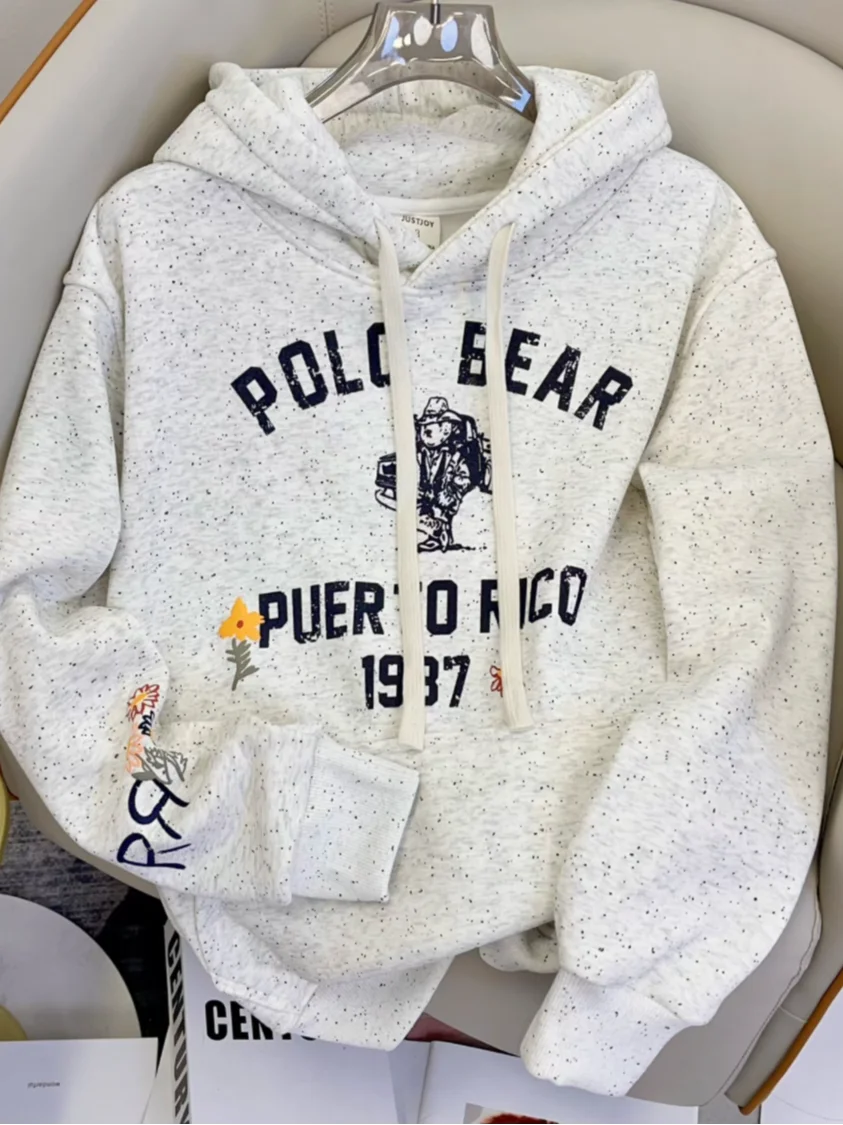 

Модная толстовка с капюшоном, точечным принтом и надписями, на флисовой подкладке, повседневная, свободного кроя, осенне-зимняя, больших размеров.