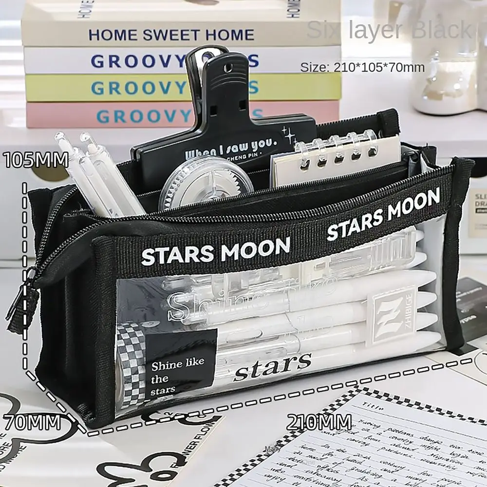 6 Layers Pencil Case English Patch Transparent Badge Pen Bag Multi-functional Large Capacity Stationery Storage Pouch