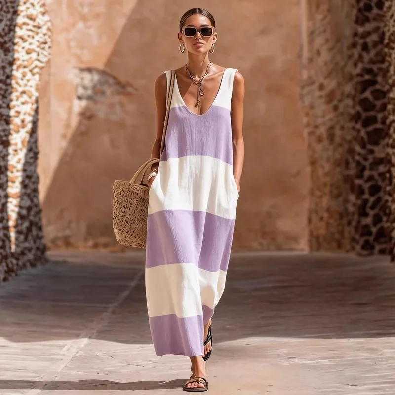 2026 New Linen Striped Maxi Dress for Women Casual Sleeveless V-Neck Summer Dress with Pockets Loose Fit Beach Holiday Sundress
