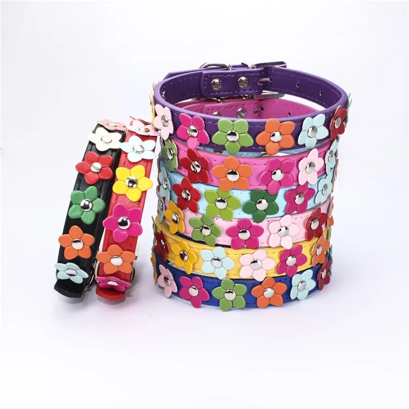 Flowers Pet Dog Collar Leash PU Leather Cat Chain Neck Strap for Small Middle Large Animal Teddy Chihuahua Pug Fashion