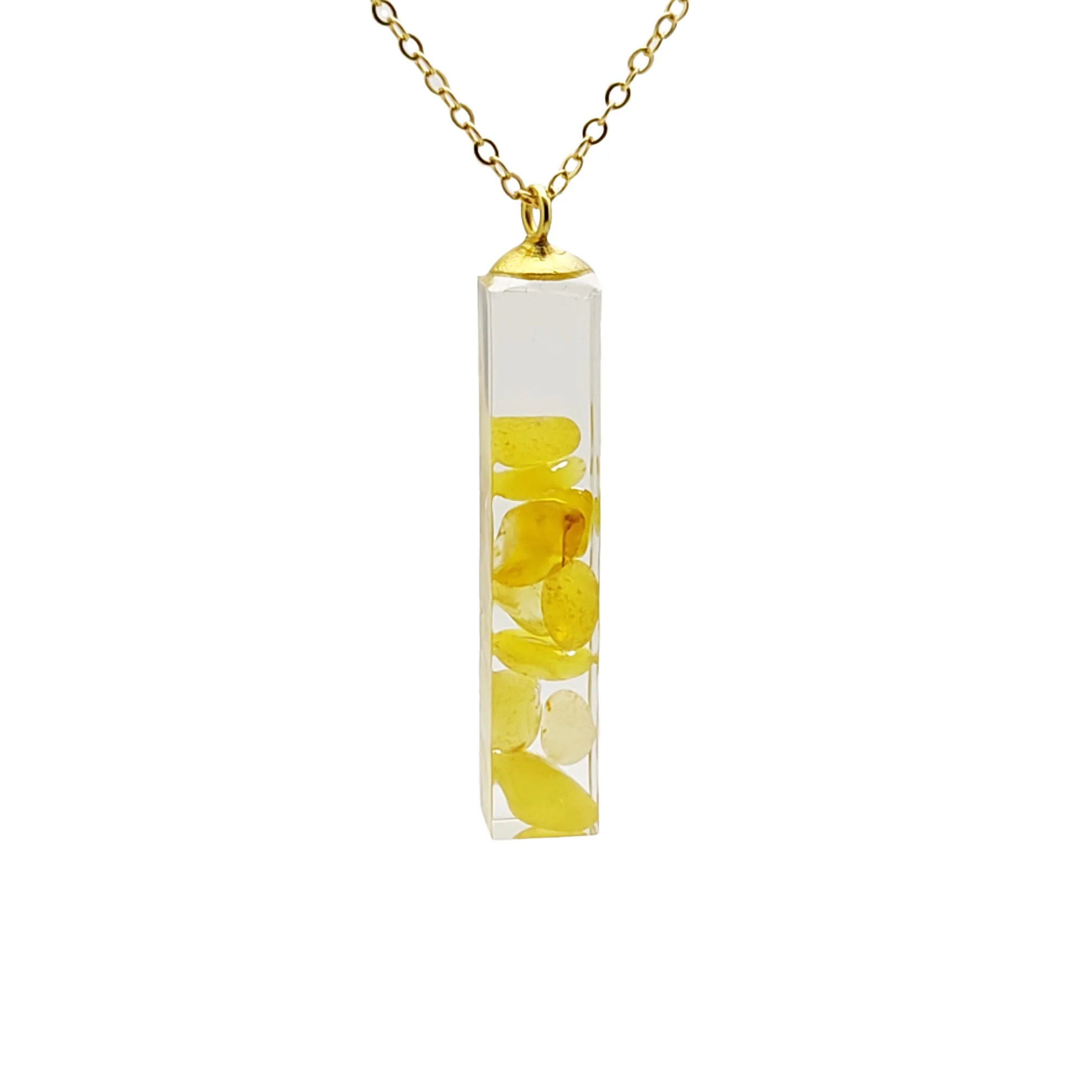 

Yellow Natural Stone Cube Resin Gold Color Pendant Chain Long Necklace Women Boho Fashion Jewelry Bohemian Vintage Handmade