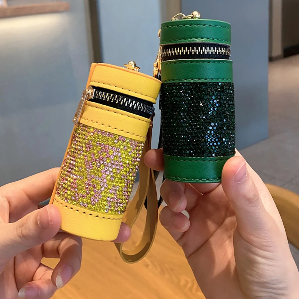 Mini Shiny Rhinestone Lipstick Bag With Wristband, Fashion Women Mini Coin Purse, Car Key Chain Pendant, Cylinder Key Bag Gift