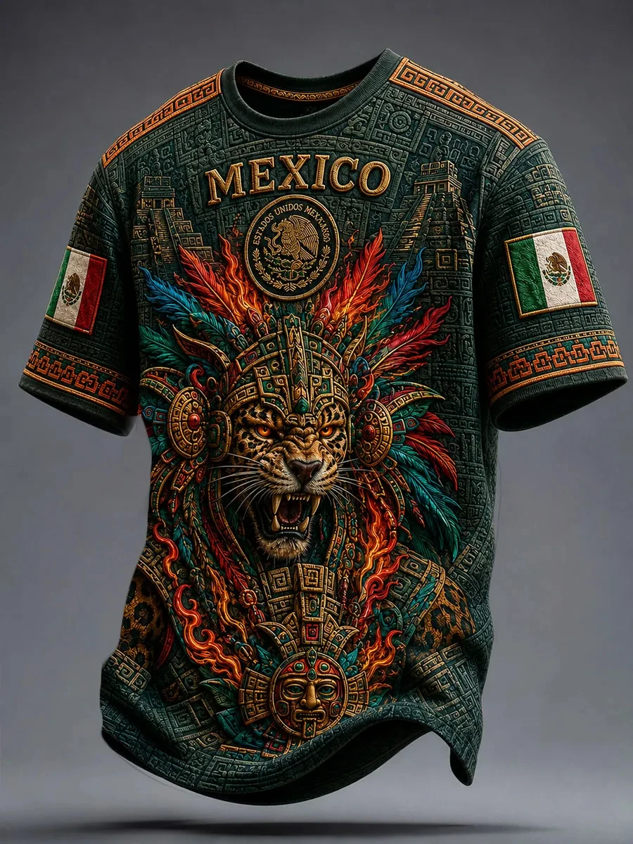 Mexikanischer Stil Azteken-Grafik Fußballtrikot T-Shirt für Männer und Frauen 3D-Druck Sport-Oberteil Kurzarm Lässige Outdoor-Sommerkleidung – Detail 6