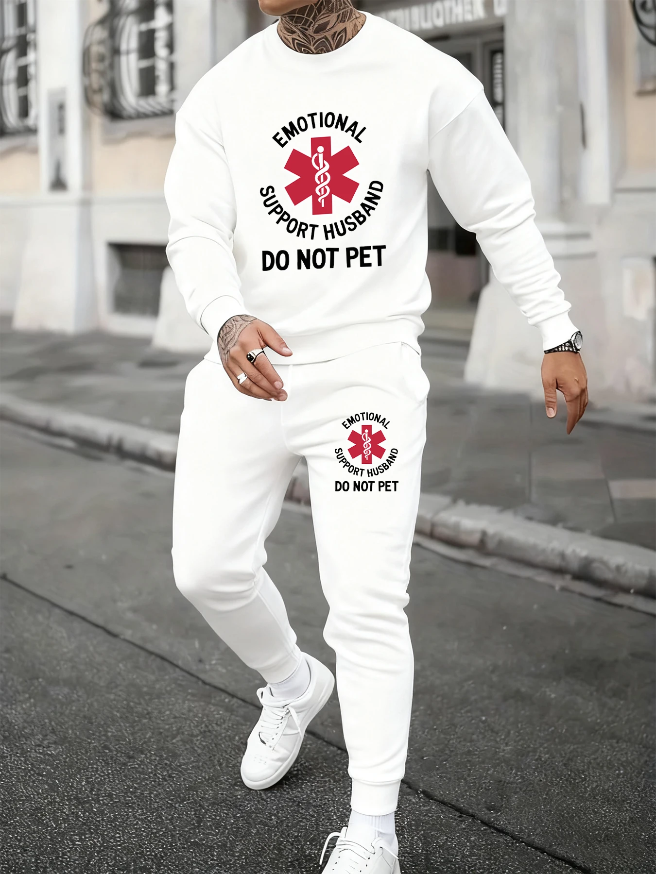

Emotional Support Husband Do Not Pet Prints Mans Autumn Sweatshirt Set O-Neck Long-Length Two Pieces Sets Street Couple'S Pants