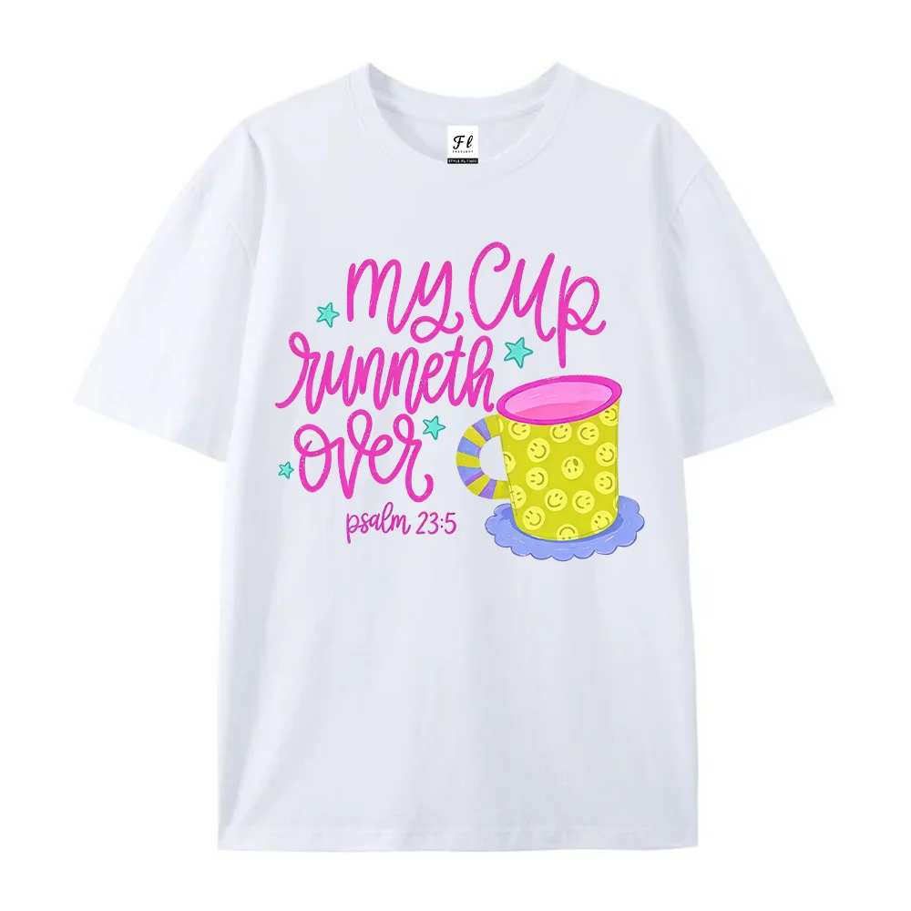 Womens My Cup Runneth Over Psalm 23 5 Graphic T Shirts Coffee Mug Smile Print Christian Faith Casual Short Sleeve Top