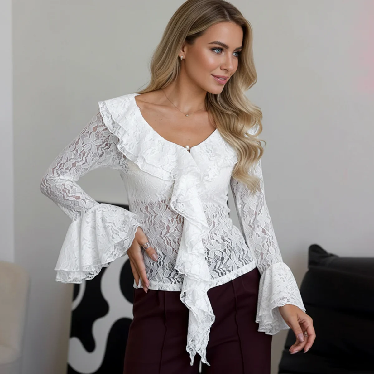 Women's White Sheer Lace Blouse Shirt Long Tie Ruffle Collar Bell Sleeves Floral Pattern Romantic Feminine Tops Elegant Shirts