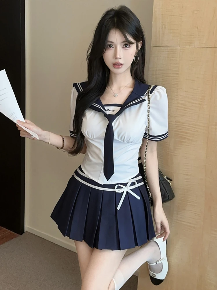 

Sweet Pure Desire School orm JK orm ort Sve irt High Waist Pleated Skirt Set for Young Women Summer Faion