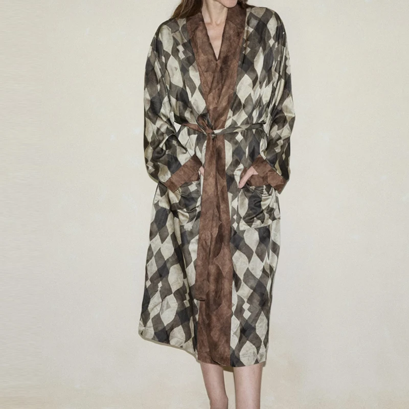 Geometric Pattern Print Tie Up Homewear Sleepwear Winter V Neck Long Sleeved Lady Cardigan Fashion High Street Pocket Loose Coat