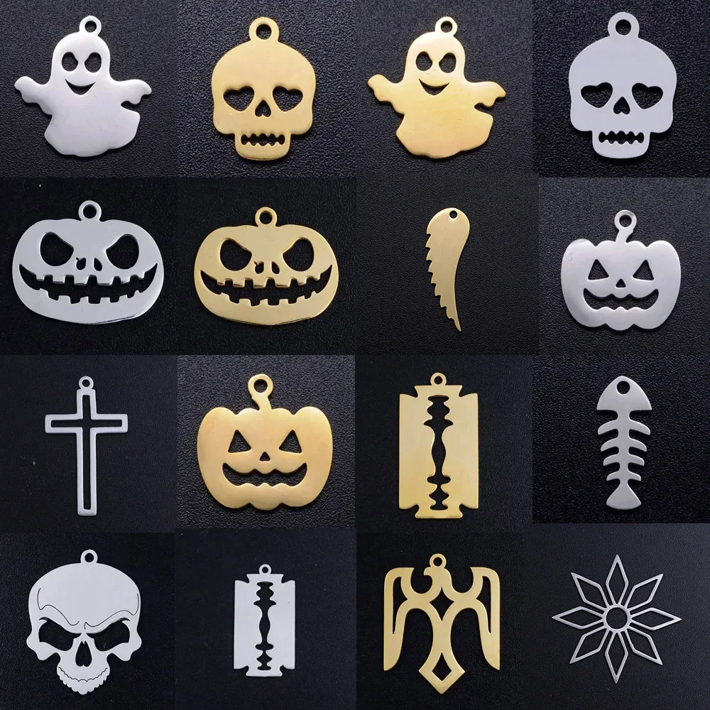 5pcs/lot diy gothic skull blade stainless steel charm pendant wholesale halloween ghost pumpkin jewelry bracelet charms