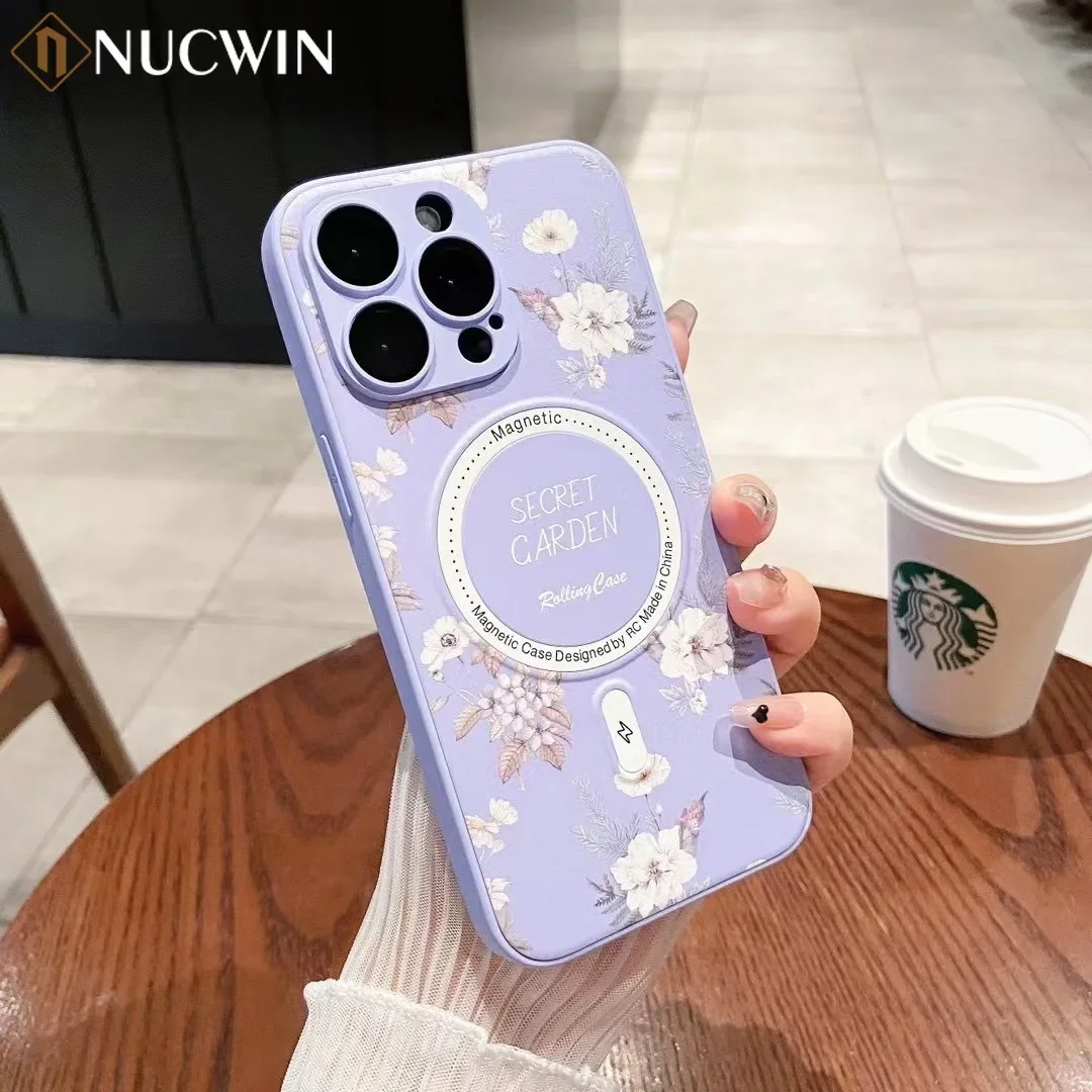 Flower Printing Magnetic Suction Applicable iPhone 16 Lens Film Phone Case iPhone iPhone 11 13 12 14 15Pro Max Wireless Charging