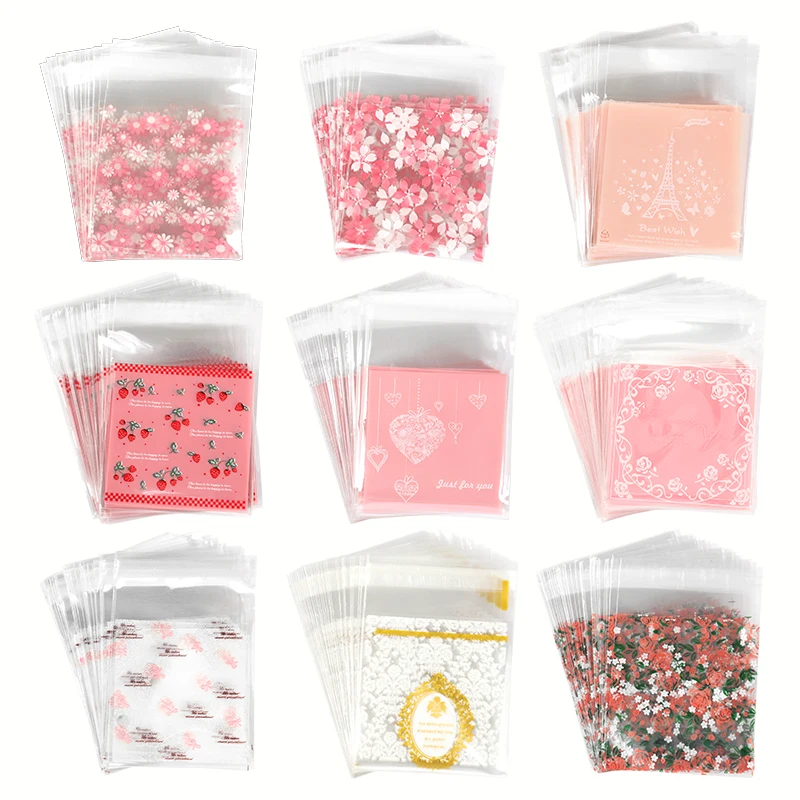 

50pcs Clear Cookies Bags Pink Cherry Plastic Bags Wedding Birthday Baking Biscuits Packaging Supplies Baby Shower Cookie Storage