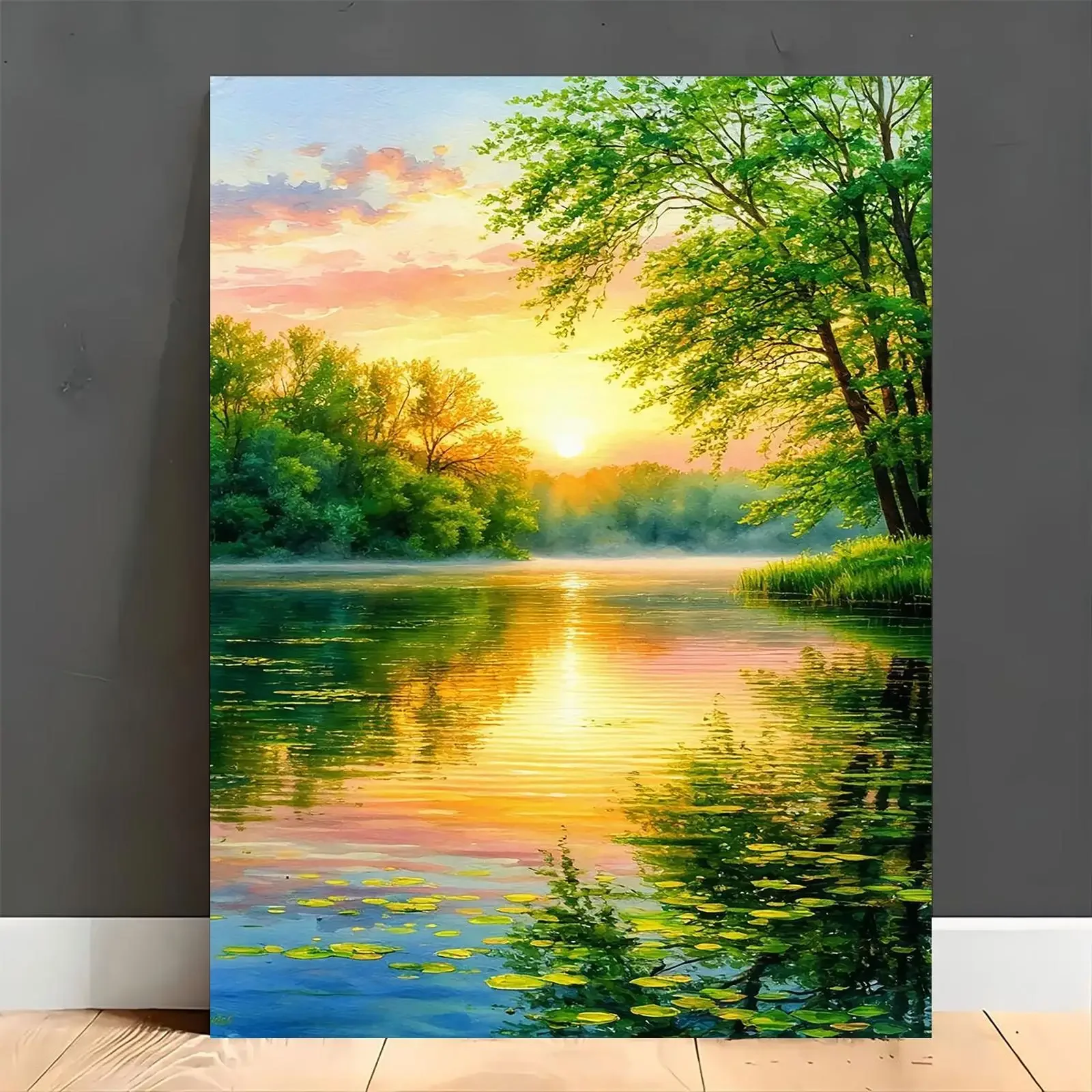 Adult Beginner Number Painting Set, Professional Art Use, | Lakeside Sunset Surrounded by Greenery, Intertwined Light And Sha