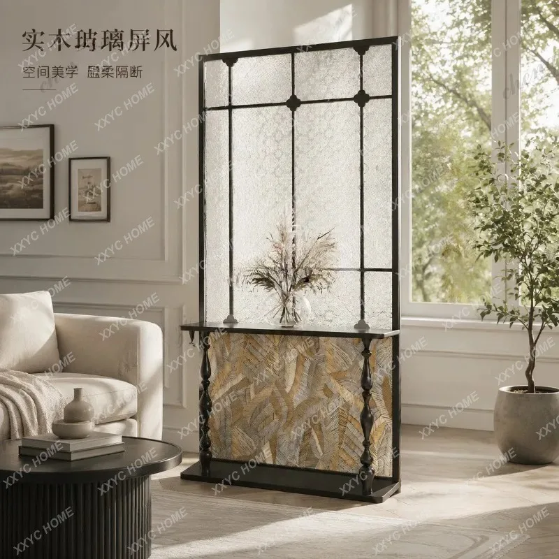 XX Movable glass entryway screen partition, solid wood entrance facing the door to block storage racks