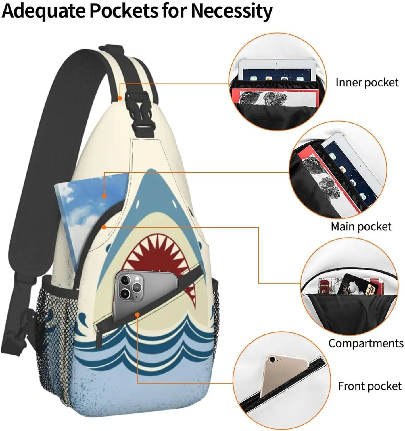 Shark Sling Backpack Chest Bag Crossbody Shoulder Bag Gym Cycling Travel Hiking Daypack For Men Women
