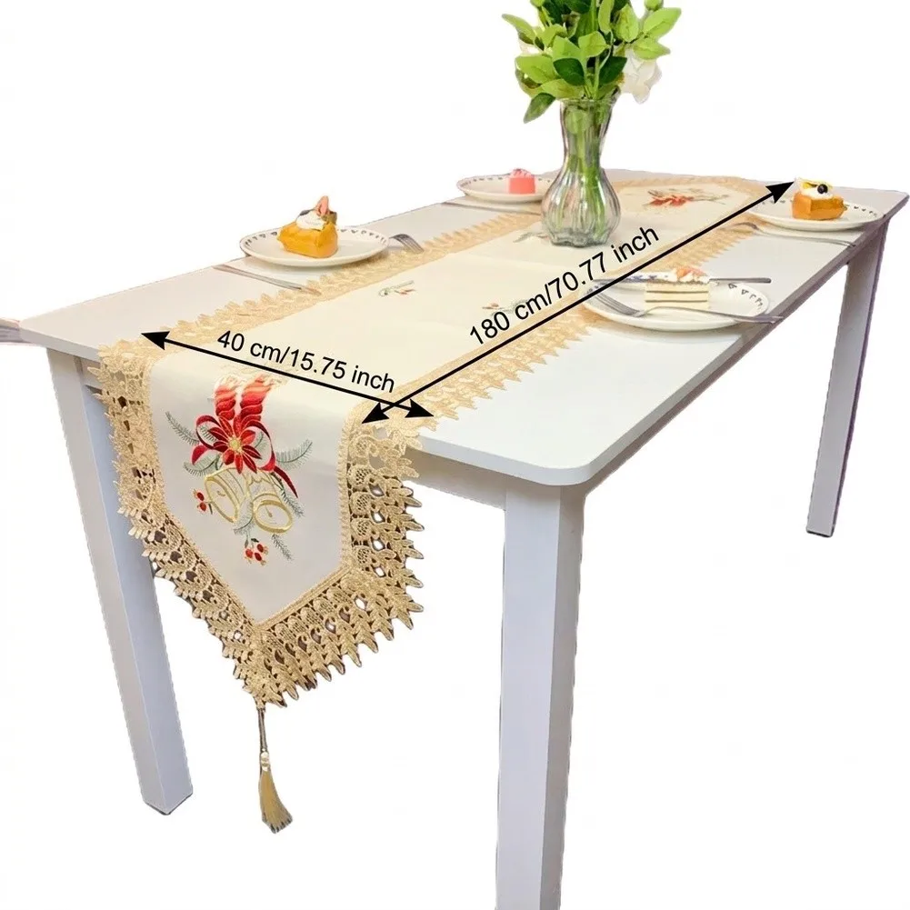 Table Scarf Polyester 40x180CM White Christmas Bell Embroidery Lace Trim with Tassel for Side Cabinet Decoration