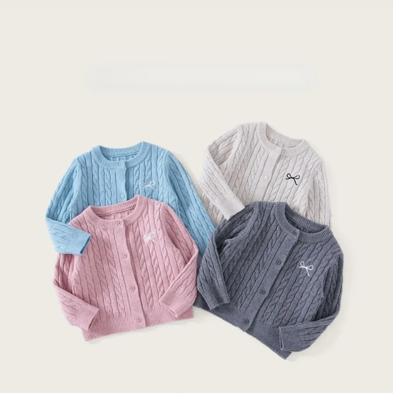 

New Childrens Clothing Bow Sweater Cardigan 2024 Autumn Korean Versatile Knitted Jacket Baby Sweater