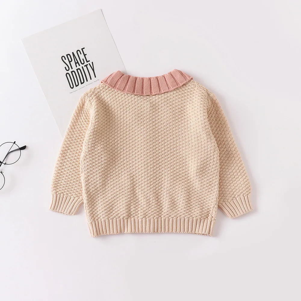 2025 Autumn New Girls Baby Turn-down Collar Embroidered Pocket Knitted Jacket Cute Versatile Outdoor Long Sleeved Cardigan