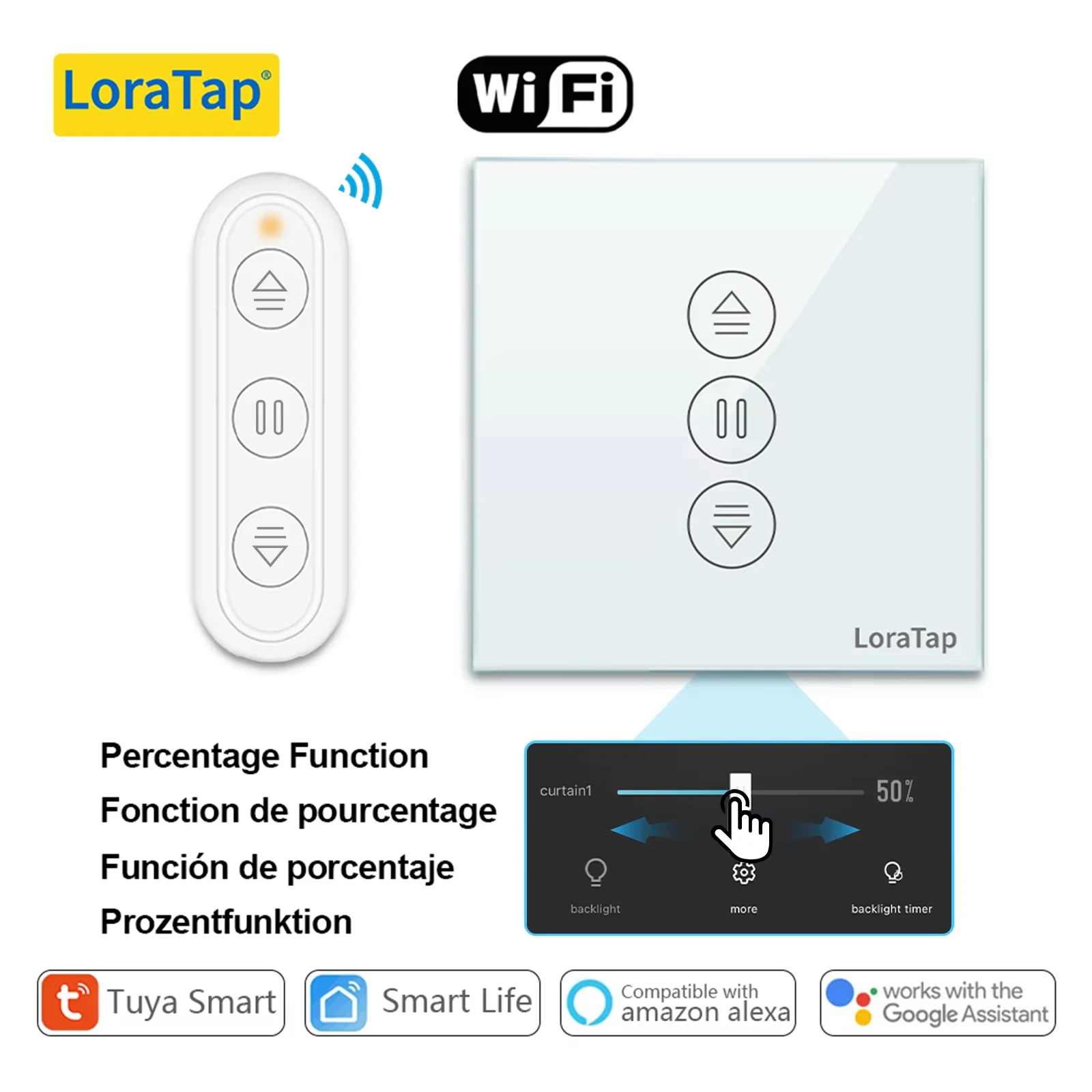 LoraTap 7th Generation Tuya Blinds Curtain Switch with Remote Control Percentage Operate work with Google Home Alexa Smart Life