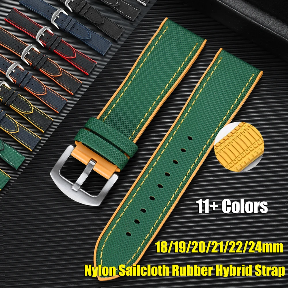 18/19/20/21/22/24mm Nylon Sailcloth Rubber Hybrid Watch Strap Men Women Silicone Waterproof Watch Band Orange Blue Bracelets